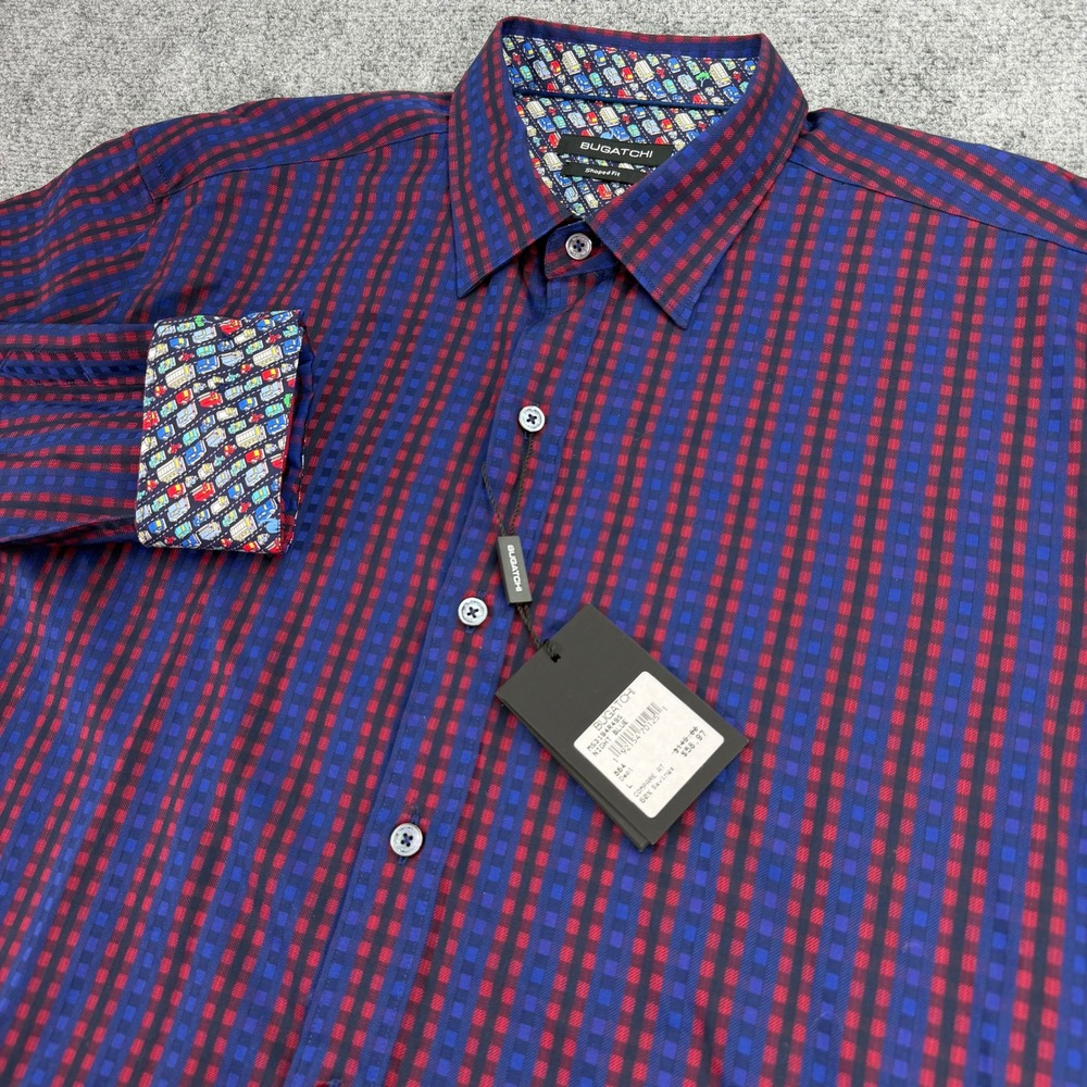 Bugatchi Shirt Men Large Night Blue Red Plaid Shaped Fit Plaid Car Contrast Cuff
